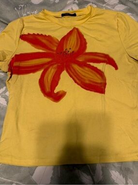 Mi Yellow Short Sleeve Tee with Red Floral Motif